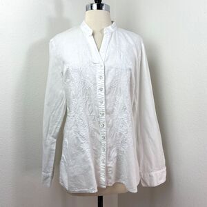 Tweed White Linen Blouse XL Embroidery Button Front Boho Peasant Career Preppy